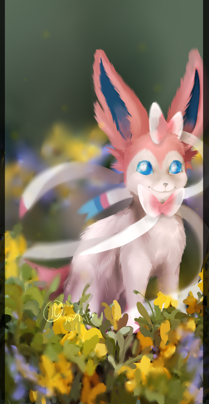 accessory ambiguous_gender blue_eyes bow_ribbon bow_tie feral flower fur hair_accessory hair_bow hair_ribbon pink_body pink_fur plant ribbons smile solo jazzycat nintendo pokemon eeveelution generation_6_pokemon pokemon_(species) sylveon 2013 watermark