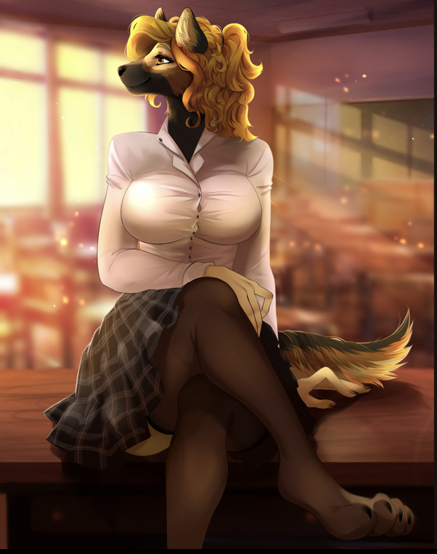 amber_eyes anthro big_breasts biped black_nose blonde_hair blouse bottomwear breasts classroom clothing college desk eyebrows eyelashes female fingers fur furniture hair legwear looking_away multicolored_body multicolored_fur pose school school_desk school_uniform shirt skirt solo stockings student sunset table tight_clothing tight_shirt tight_topwear topwear uniform zenvist suki_wolfram canid canine canis domestic_dog german_shepherd herding_dog mammal pastoral_dog 2022 pinup