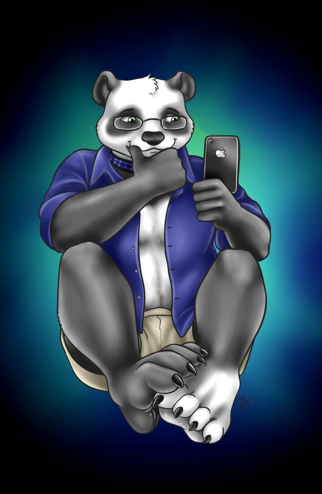 anthro biped cellphone electronics eyewear feet glasses hindpaw holding_object holding_phone male paws phone selfie sitting smartphone solo moodyferret apple_inc. iphone pandaman bear giant_panda mammal digital_media_(artwork) shaded