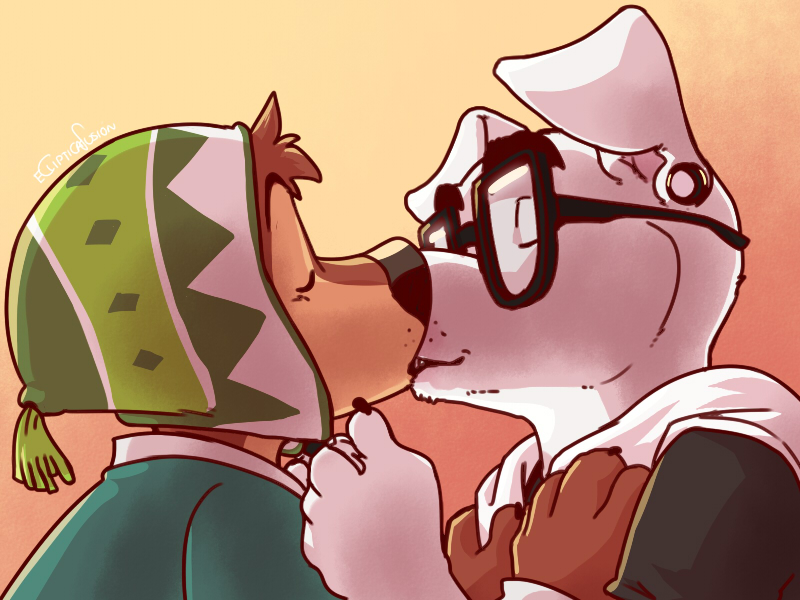 anthro duo eyes_closed eyewear fur glasses kissing male male/male sherpa_hat white_body white_fur eclipticafusion animal_crossing nintendo rock_dog bodi_(rock_dog) k.k._slider canid canine canis domestic_dog livestock_guardian_dog mammal molosser mountain_dog pastoral_dog tibetan_mountain_dog 2016 4:3