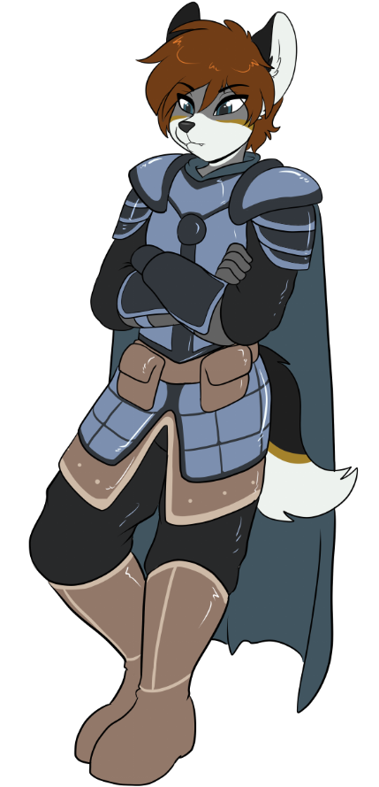 anthro armor brown_hair cape clothed clothing fur grey_body grey_fur hair invisible_wall leaning male simple_background solo tail teal_eyes skidd hunter_keero canid canine canis mammal wolf 2018