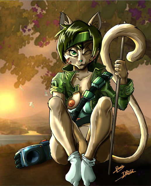 accessory alternate_species anthro breasts camera clothing female footwear furrification headband jacket ledge legwear nipples one_eye_closed plant pole socks solo topwear tree wink h-yena_(artist) beyond_good_and_evil_(game) ubisoft jade_(beyond_good_and_evil) felid mammal