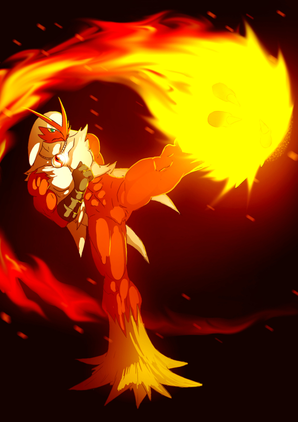 anthro claws fire fur green_eyes hair male multicolored_body multicolored_fur muscular muscular_anthro muscular_male red_body red_fur simple_background solo white_body white_fur white_hair yellow_body yellow_fur john_fell nintendo pokemon blaziken generation_3_pokemon pokemon_(species)