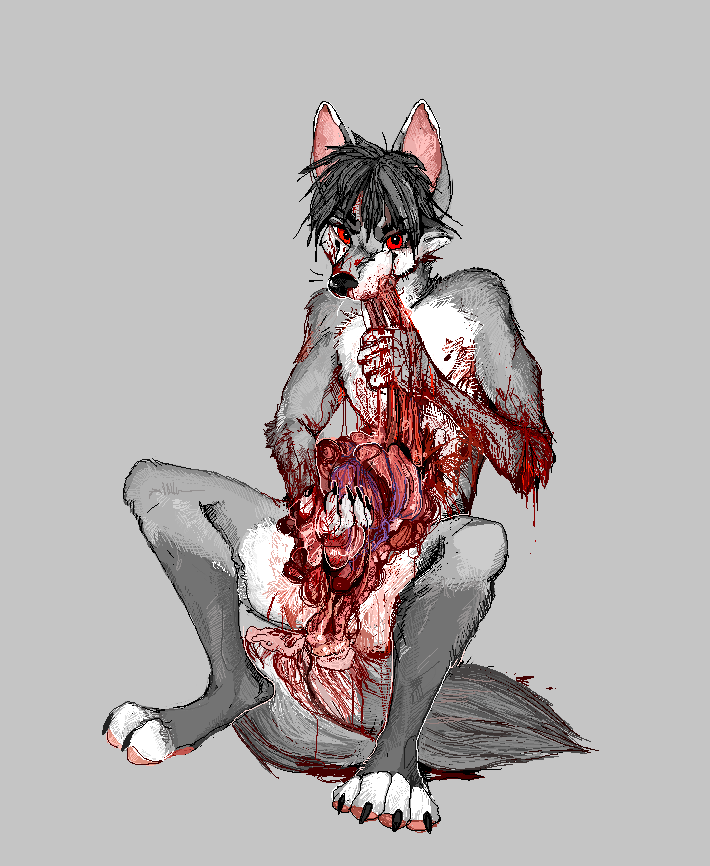 anthro autocannibalism black_hair blood blood_in_mouth blood_on_arm blood_on_body blood_on_face blood_on_ground blood_on_hand blood_on_tail blood_pool blood_splatter bodily_fluids disembowelment fur gore grey_background guts guts_in_mouth hair holding_organ intestines male mutilation organs red_eyes self-harm short_hair simple_background solo vivisection jeffusherb canid canine canis mammal wolf digital_media_(artwork)