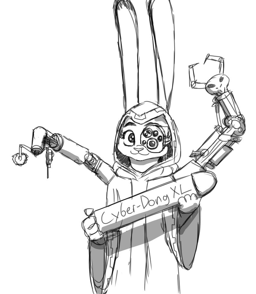 :3 adeptus_mechanicus anthro cosplay crossover_cosplay cybernetics dildo extra_arms female holding_dildo holding_object holding_sex_toy machine robotic_arm sex_toy smile solo tech_priest spoof_(artist) disney warhammer_(franchise) warhammer_40000 zootopia judy_hopps lagomorph leporid mammal rabbit crossover monochrome