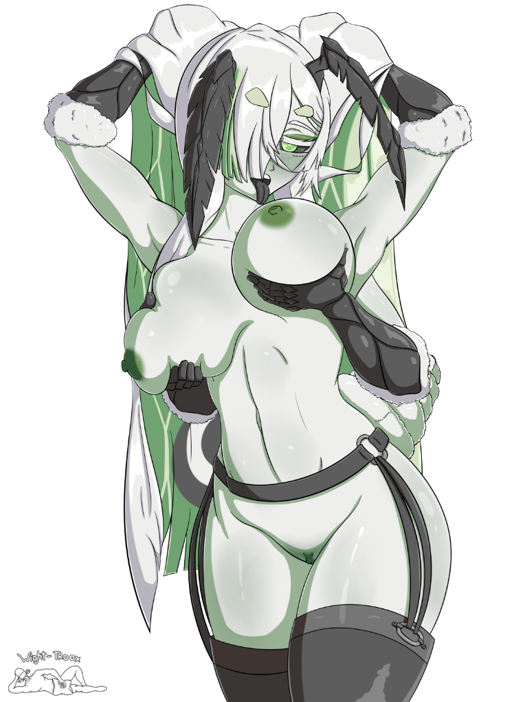 4_arms anthena areola big_breasts breasts clothing female garter_belt garter_straps grope hair legwear long_hair multi_arm multi_limb nipples solo thigh_highs tongue tongue_out wight-troox vtuber juniper_actias arthropod humanoid insect lepidopteran moth