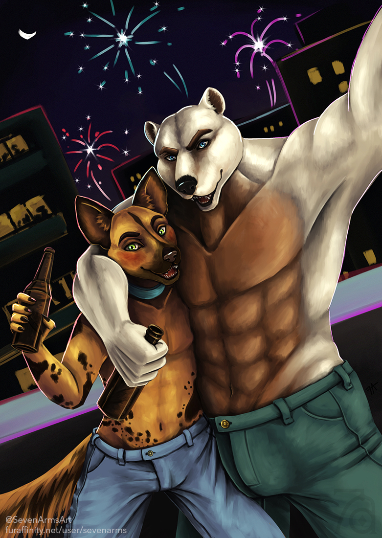 abs alcohol beer beverage biceps blush bulge clothed clothing duo fireworks holidays looking_at_viewer male male/male muscular muscular_male open_mouth outside pecs selfie smile standing topless sevenarms bear canid canine hyena mammal spotted_hyena 2017 digital_drawing_(artwork) digital_media_(artwork)