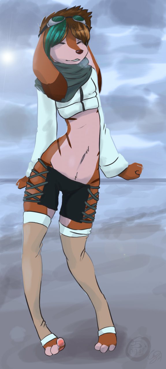 anthro barefoot beach big_ears biped clothed clothing cold eyes_closed eyewear feet female floppy_ears goggles hair legwear lop_ears midriff navel outside sand scarf seaside short_hair skimpy smile solo standing swimmer swimwear water cainethelongshot ezzie lagomorph leporid mammal rabbit hi_res