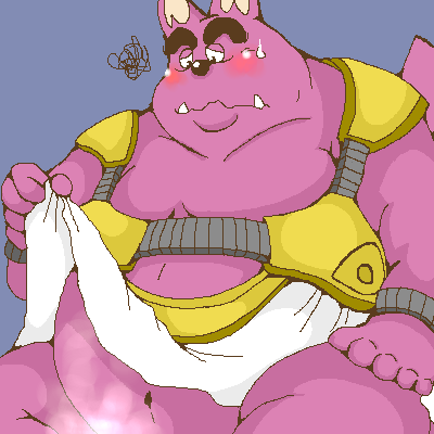 anthro belly black_nose blush clothed clothing cute_fangs fangs fur kemono male navel overweight overweight_anthro overweight_male purple_body purple_fur simple_background sitting solo teeth figaro_(artist) dragon_quest square_enix dodonga canid canine mammal 1:1 2004 archived_source digital_media_(artwork) low_res oekaki