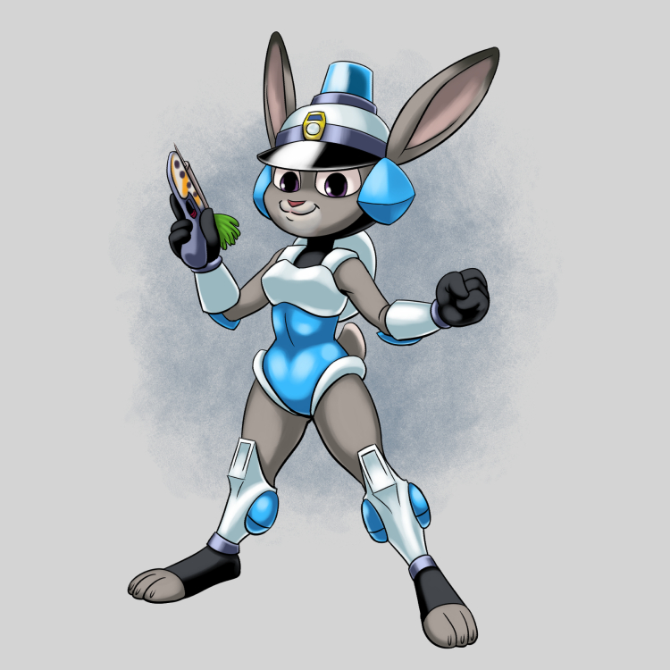 anthro breasts cosplay female fur grey_body grey_fur gun long_ears purple_eyes ranged_weapon smile solo weapon carelessdoodler disney mighty_switch_force! nintendo wayforward zootopia judy_hopps lagomorph leporid mammal rabbit 1:1 crossover