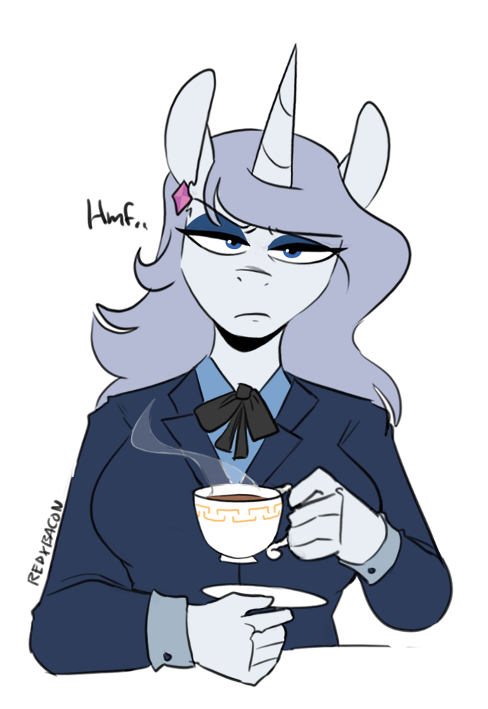 anthro beverage blue_eyes blue_eyeshadow clothing container cup eyeshadow female horn looking_at_viewer makeup saucer solo suit tea tea_cup unimpressed redxbacon hasbro my_little_pony mythology fan_character equid equine mammal mythological_creature mythological_equine unicorn