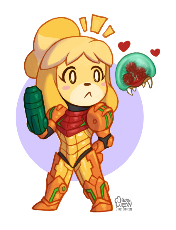 ambiguous_gender anthro armor blush clothing cosplay crossover_cosplay duo eye_contact female floppy_ears heart_symbol looking_at_another simple_background teeth text varia_suit daisyein animal_crossing metroid nintendo isabelle_(animal_crossing) samus_aran alien canid canine canis domestic_dog mammal metroid_(species) 2016 crossover signature url