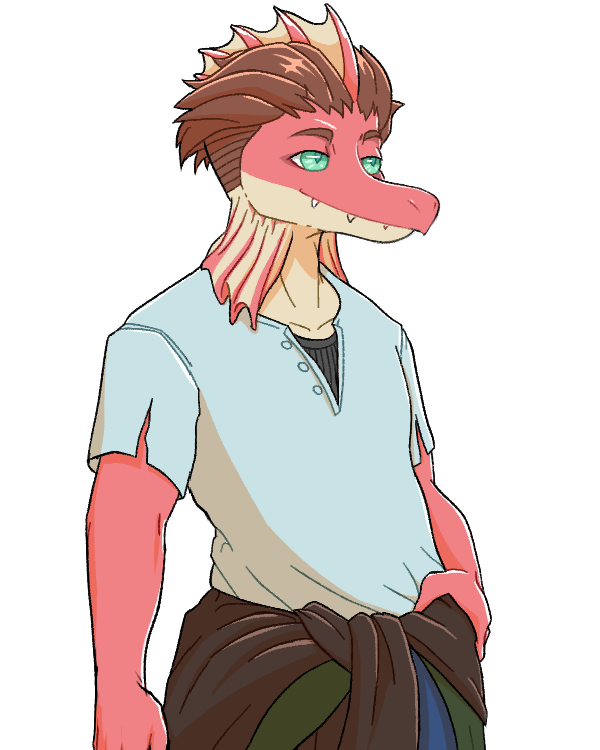 anthro clothed clothing frill_(anatomy) green_eyes hair long_snout male multicolored_body red_body sharp_teeth simple_background snout solo teeth transparent_background two_tone_body cavemanon cavemanon_studios i_wani_hug_that_gator damien_payne dilophosaurid dilophosaurus dinosaur prehistoric_species reptile scalie theropod 4:5 alpha_channel