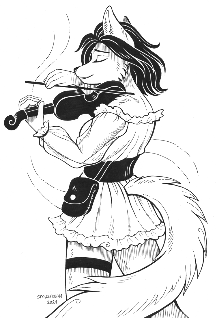 5_fingers anthro belt_pouch bowed_string_instrument clothed clothing dress eyes_closed female fingers fur hair humanoid_hands musical_instrument playing_music playing_violin pouch_(clothing) smile solo standing string_instrument violin snowsnow11 canid canine mammal 2021 black_and_white monochrome signature sketch