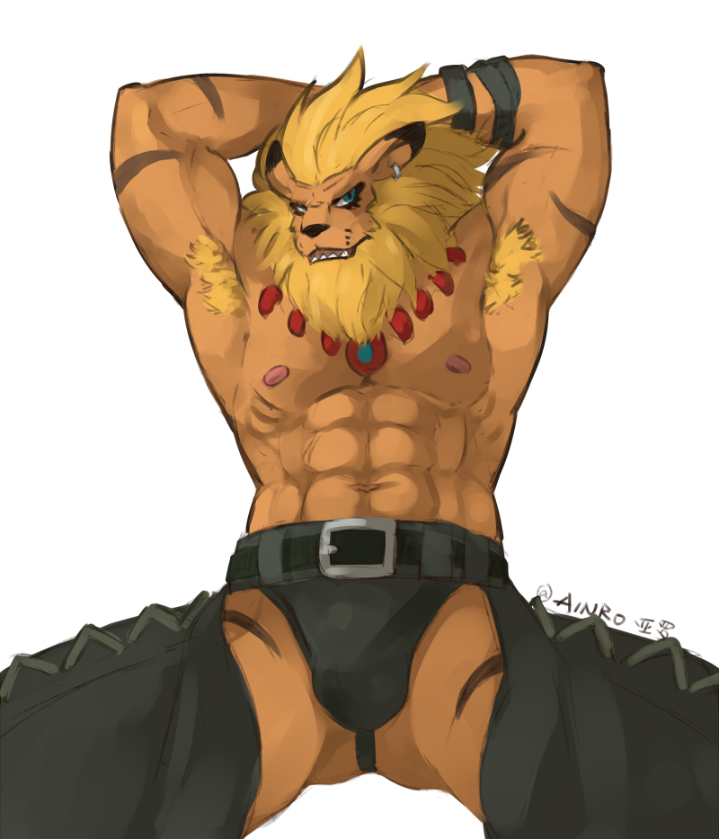 abs anthro armpit_hair belt biceps big_muscles biped blonde_hair blue_eyes body_hair brown_body brown_fur bulge chaps clothed clothing ear_piercing front_view fur grin hair hands_behind_head jewelry looking_at_viewer male mane muscular muscular_anthro muscular_male navel necklace nipples open_mouth pecs piercing pose raised_arm scar sitting smile solo spread_legs spreading teeth thong topless underwear ainro bandai_namco digimon digimon_(species) felid leomon mammal pinup