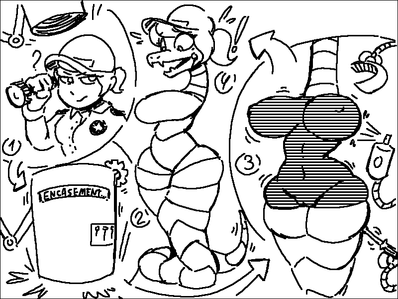 anthro black_border bodily_fluids border bound encasement exclamation_point female fingers flashlight flying_sweatdrops machine machine_bondage robotization screwdriver security security_guard solo sweat sweatdrop text tools transformation transformation_sequence dunnhier1 five_nights_at_freddy's scottgames steel_wool_studios vanessa_(fnaf) animatronic human mammal reptile robot scalie snake 2023 4:3 black_and_white digital_media_(artwork) english_text monochrome