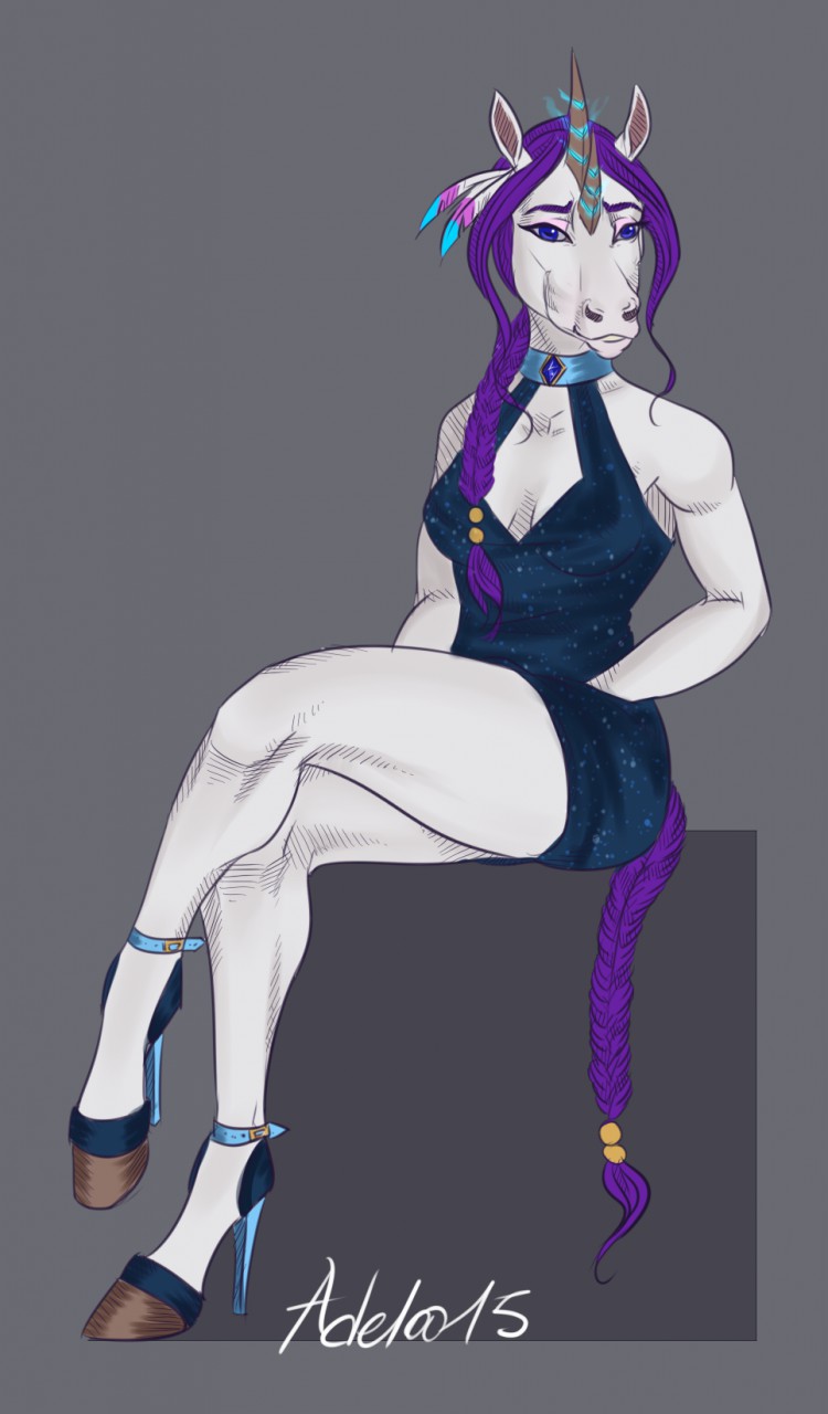 anthro biped breasts clothed clothing dress female hair horn looking_at_viewer sitting solo adeloo mythology equid equine mammal mythological_creature mythological_equine unicorn hi_res