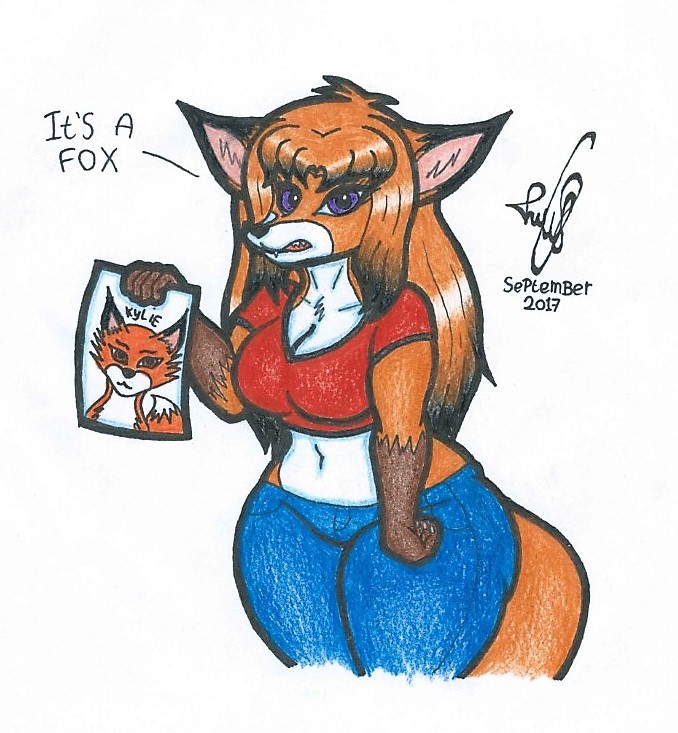 anthro breasts cleavage clothed clothing crop_top dialogue female hair midriff navel shirt solo topwear f-thefirst canid canine fox mammal