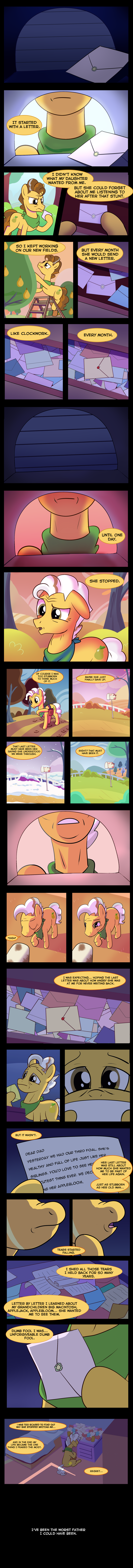 brown_hair cutie_mark feral hair letter mailbox male plant sky solo text tree edowaado friendship_is_magic hasbro my_little_pony grand_pear_(mlp) earth_pony equid equine horse mammal pony 2017 absurd_res comic english_text hi_res long_image tall_image