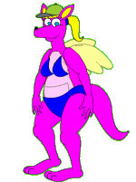 anthro bikini blonde_hair blue_clothing blue_eyes blue_swimwear breasts clothing costume feet female fingers greetings hair happy hat headgear headwear model paws pink_body smile solo swimwear toes two-piece_swimsuit virtual wings act malort pinky kangaroo macropod mammal marsupial animated digital_media_(artwork) low_res short_playtime thumbnail