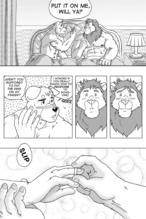 anthro bed dialogue furniture male male/male muscular proposal ring text ryuu_majin canid canine canis domestic_dog felid lion mammal pantherine 2:3 comic english_text greyscale monochrome