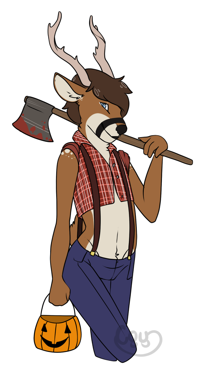 ambiguous_anthro ambiguous_gender anthro antlers axe blood blue_eyes bodily_fluids brown_body brown_fur brown_hair felling_axe flannel fur hair horn lumberjack melee_weapon plaid solo suspenders weapon cou tzarious deer mammal new_world_deer white-tailed_deer hi_res