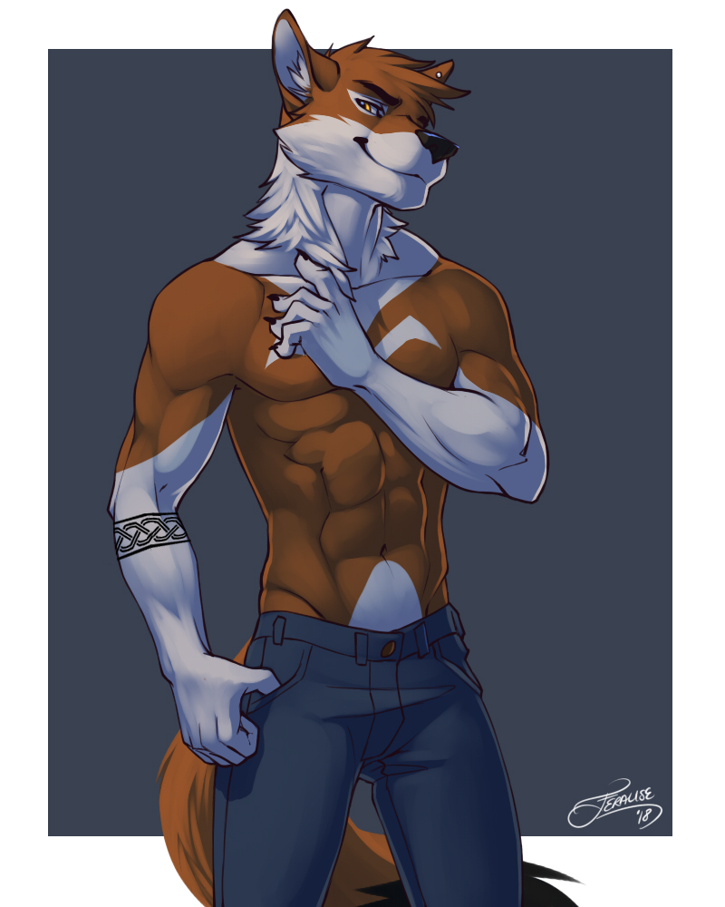 5_fingers anthro black_nose bottomwear clothed clothing denim denim_bottomwear denim_clothing ear_piercing eyebrows fingers fur gloves_(marking) grey_background hair hand_in_pocket jeans looking_aside male markings multicolored_body multicolored_fur multicolored_skin muscular muscular_anthro muscular_male orange_body orange_fur orange_hair orange_skin pants piercing pockets simple_background smile smirk solo standing topless two_tone_body two_tone_fur two_tone_skin white_body white_fur white_skin feralise canid canine canis ethiopian_wolf mammal 2018 4:5