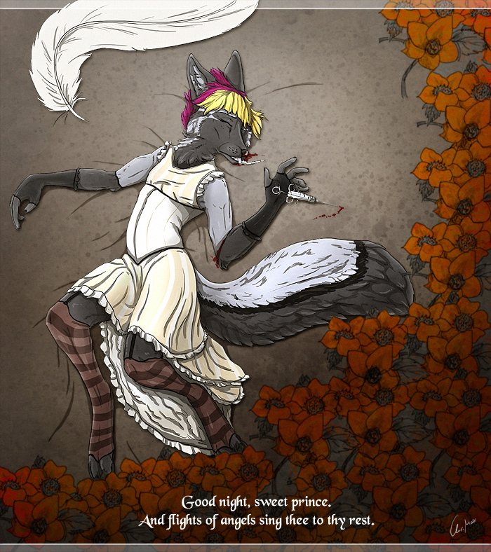 anthro blood bodily_fluids clothed clothing crossdressing death feathers femboy fur hair legwear male overdose pattern_clothing pattern_legwear solo striped_clothing striped_legwear stripes suicide syringe tail text oliverfox severus_blackpaw_(oliverfox) canid canine fox mammal red_fox silver_fox true_fox digital_media_(artwork) english_text