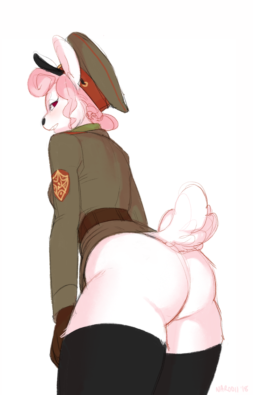 anthro butt clothed clothing female looking_at_viewer looking_back partially_clothed simple_background solo tail uniform white_background narodii lagomorph leporid mammal rabbit hi_res