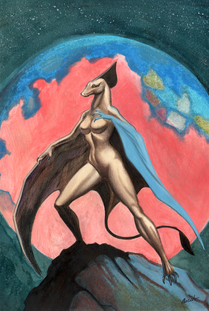 3_fingers big_breasts biped breasts claws facial_markings featureless_breasts featureless_crotch female fingers frill_(anatomy) front_view head_markings humanoid_hands markings membrane_(anatomy) membranous_frill membranous_wings non-mammal_breasts nude planet plantigrade rock snout solo space standing wings captainninja scalie 2012 full-length_portrait portrait signature