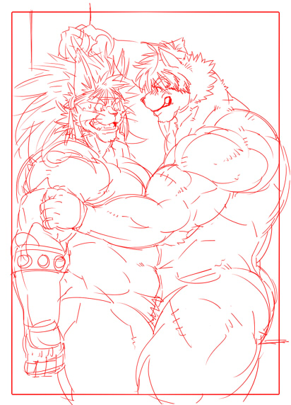 against_surface against_wall anthro anthro_on_anthro biceps big_muscles duo fur male male/male markings muscular muscular_male nipples nude pecs scar dandoo drakuun dard felid lion mammal pantherine tiger