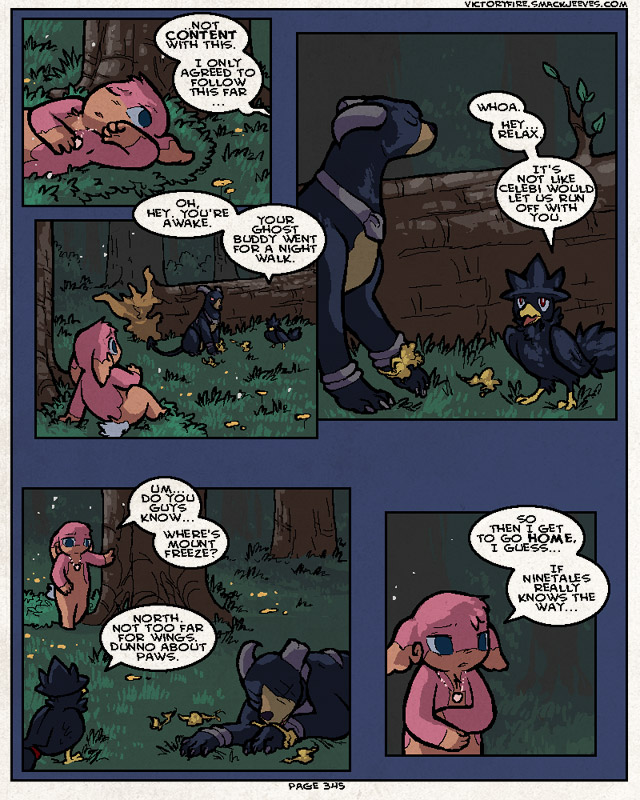 anthro dialogue female feral group male semi-anthro speech_bubble text sulfurbunny_(artist) nintendo pokemon pokemon_mystery_dungeon pokemon_victory_fire spike_chunsoft jen_(vf) audino generation_2_pokemon generation_5_pokemon houndoom murkrow pokemon_(species) 4:5 comic digital_media_(artwork) english_text microsoft_paint_(artwork)