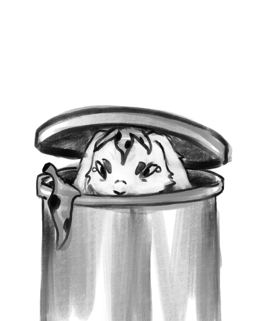 ambiguous_gender banana_peel feral hiding inside_trash_can simple_background solo trash_can white_background demon_deity the_nature_of_predators alien lagomorph mammal sivkit_(the_nature_of_predators) monochrome