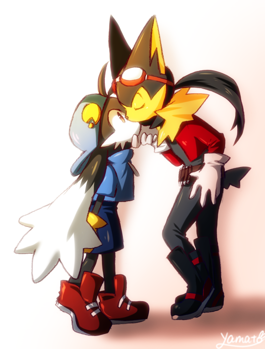 anthro clothed clothing eyewear fur goggles hat headgear headwear kissing male simple_background young yamatoooooo bandai_namco klonoa_(series) guntz klonoa canid canine canis domestic_cat felid feline felis mammal wolf