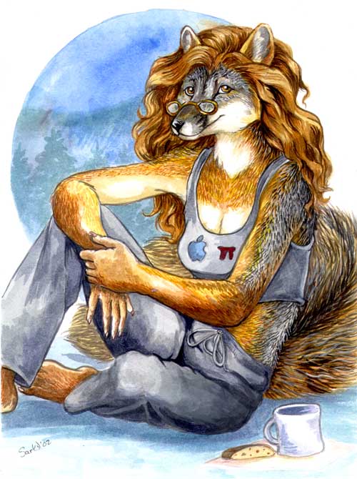 anthro apple beverage clothing coffee cookie eyewear female food fruit geek glasses pi plant shirt solo tail tank_top topwear caribou_(artist) canid canine fox grey_fox mammal urocyon 2002