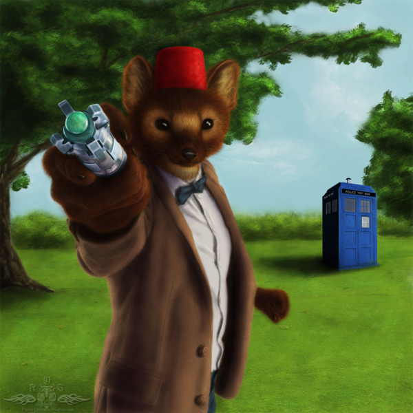 5_fingers anthro biped black_eyes black_nose bow_(feature) bow_tie brown_body brown_fur claws clothing day fez fingers fist fur grass hat headgear headwear holding_object holding_tool jacket looking_at_viewer male outside outstretched_arm plant police_box shirt sky solo sonic_screwdriver standing tardis tools topwear tree ykoriana british_broadcasting_corporation doctor_who eleventh_doctor the_doctor_(doctor_who) gulonine mammal marten mustelid musteline pine_marten 1:1 detailed half-length_portrait portrait