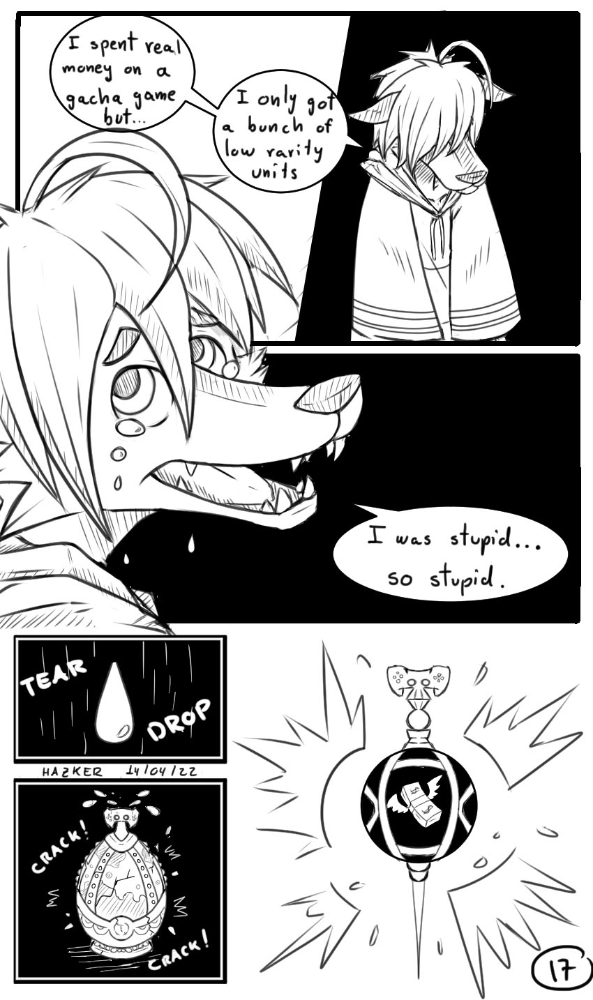 ahoge anthro bodily_fluids despair hair male open_mouth simple_background solo tears teeth text hazker morenatsu puella_magi puella_magi_madoka_magica shun_(morenatsu) canid canine canis mammal wolf 2022 black_and_white comic english_text hi_res monochrome