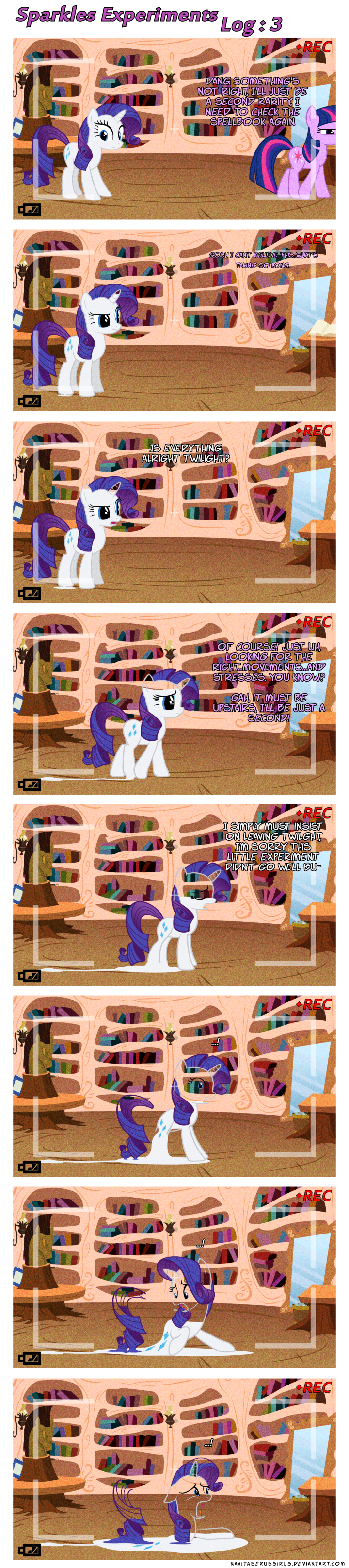 blue_eyes book camera cutie_mark dialogue duo female feral fur hair horn inside library multicolored_hair purple_body purple_eyes purple_fur purple_hair text transformation two_tone_hair what_has_magic_done white_body white_fur navitaserussirus friendship_is_magic hasbro my_little_pony mythology rarity_(mlp) twilight_sparkle_(mlp) equid equine mammal mythological_creature mythological_equine unicorn 2012 absurd_res alpha_channel comic english_text hi_res long_image tall_image url