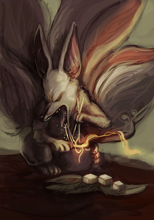 aburaage ambiguous_gender chopsticks cooking dark eating feral food kitsune_udon_(food) messy multi_tail noodles solo tail tofu_(food) skulldog_(artist) asian_mythology east_asian_mythology japanese_mythology mythology canid canine fox fox_spirit mammal