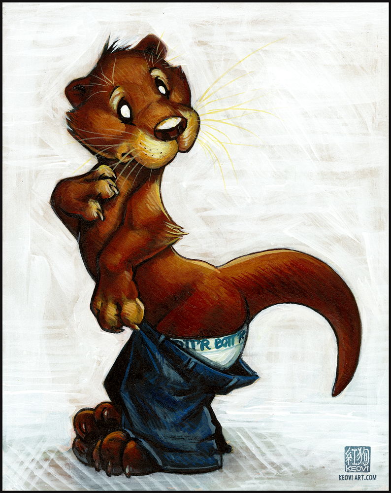 ambiguous_gender anthro black_border border bottomwear bottomwear_down briefs clothed clothing looking_back pants pants_down partially_clothed solo topless underwear underwear_down keovi mammal mustelid otter 2015