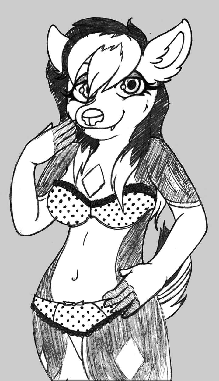 anthro black_hair bra clothing female hair model panties solo teaser teasing teeth underwear midnytesketch sonja_wusky canid canine canis hybrid mammal wolf wolfdog hi_res monochrome