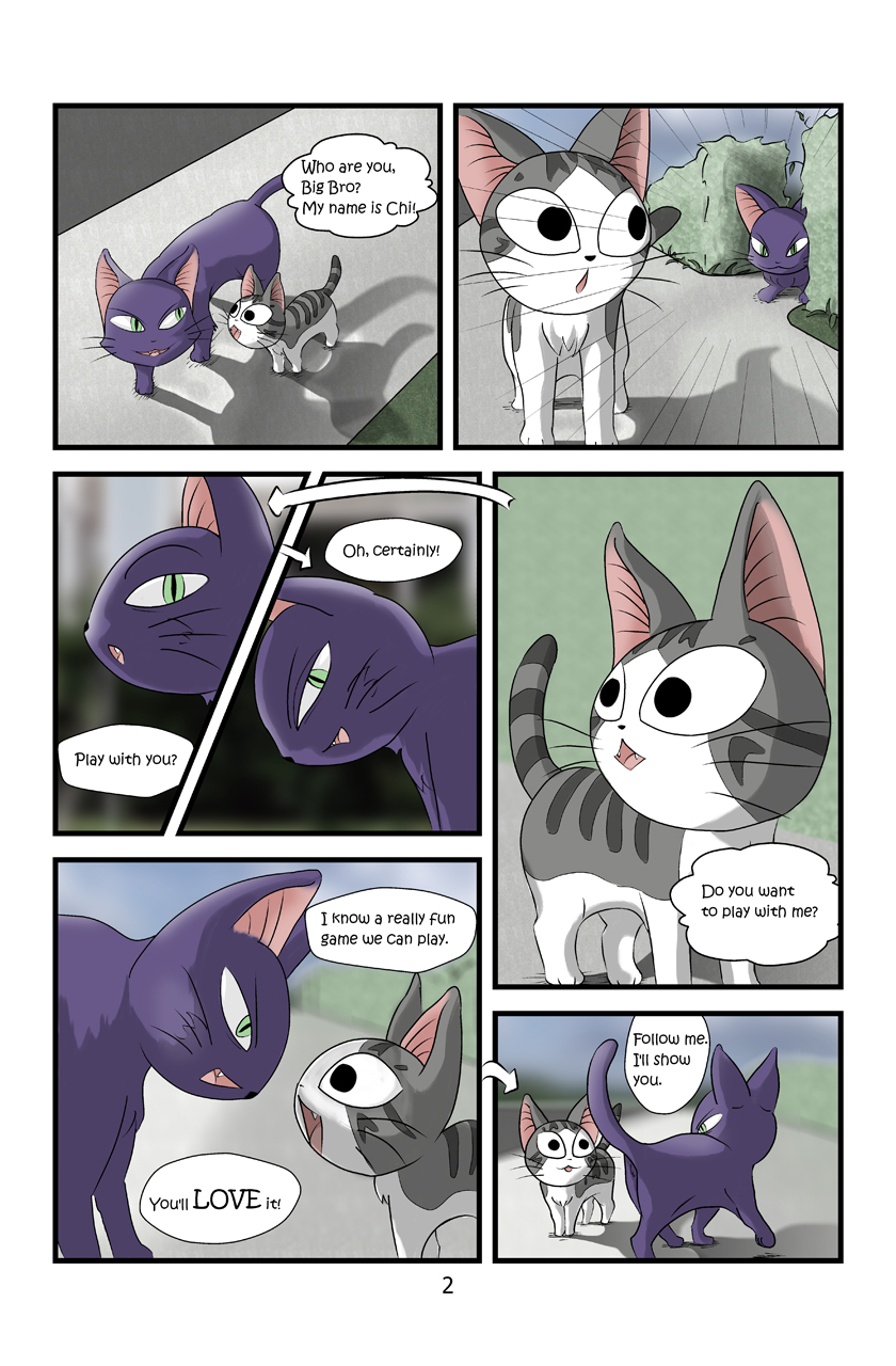 ambiguous_gender big_eyes duo feral green_eyes text young young_feral lulzifer chi's_sweet_home chi_(cat) domestic_cat felid feline felis mammal comic english_text hi_res