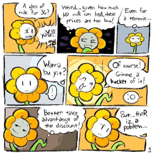 ambiguous_gender flower milk plant solo speech_bubble text nucr4r undertale undertale_(series) flowey_the_flower elemental_creature flora_fauna flower_creature 1:1 comic english_text low_res