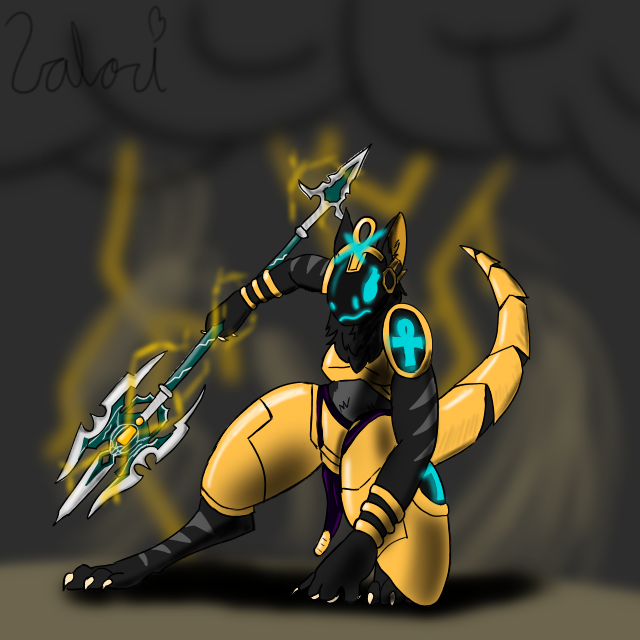 ankh athletic black_body black_fur blue_light desert egyptian electricity female fur gold_(metal) lightning machine mechanical_tail melee_weapon polearm sandstorm solo thunderstorm trident weapon valorious_graham protogen 1:1