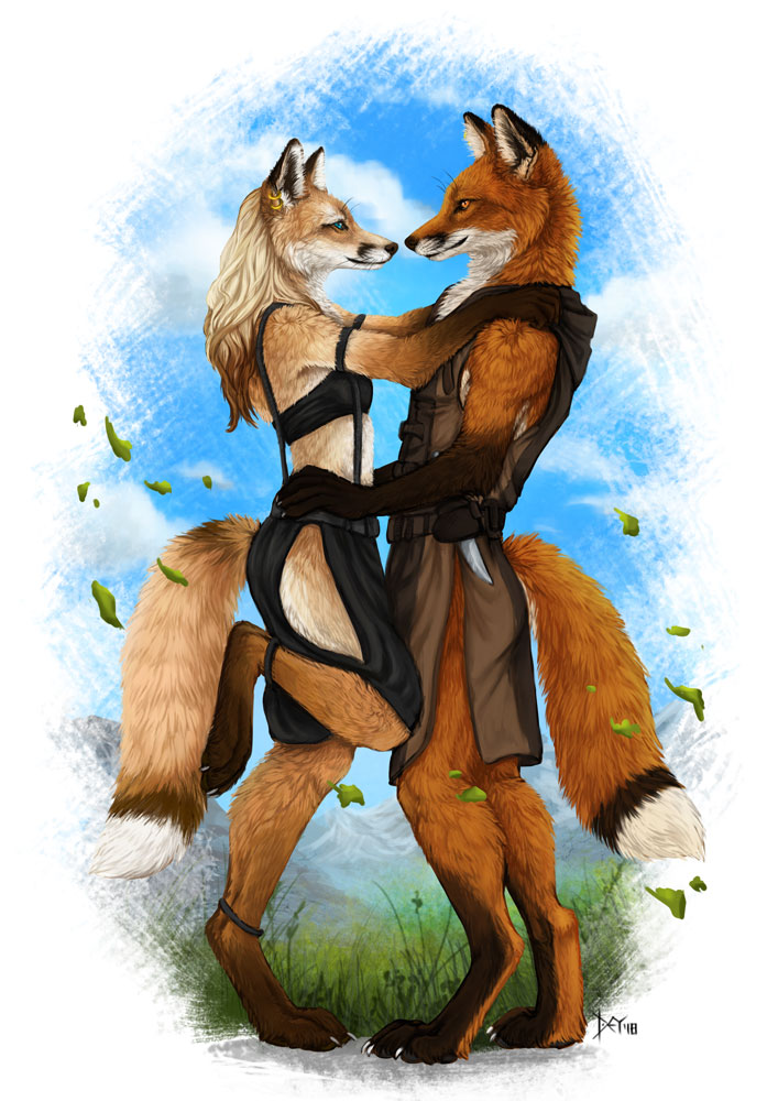 anthro breasts clothing duo falling_leaves female grass hug knife leaf love male male/female mountain outside plant romantic romantic_couple smile standing deyvarah canid canine fox mammal 2018 digital_media_(artwork)