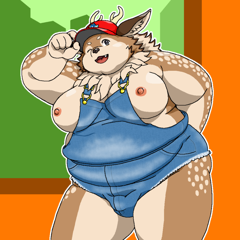 anthro belly brown_body brown_fur clothing fur hat headgear headwear male markings moobs neck_tuft nipples one_eye_closed overalls overweight solo spots spotted_body spotted_fur tuft wink butti_myroom tamacolle kazusa deer mammal 1:1