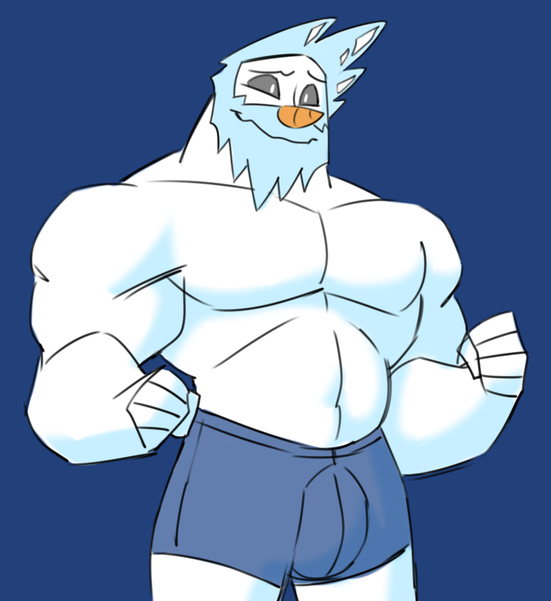 blue_background blue_clothing bulge clothed clothing male not_furry simple_background snow snowman solo topless cartoonjunkie elemental_creature elemental_humanoid humanoid mineral_fauna mineral_humanoid snow_creature snow_humanoid