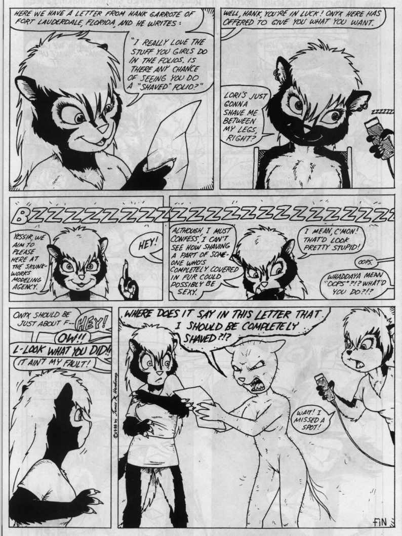 anthro breasts claws clothed clothing dialogue female fur genitals group hair hairless looking_at_viewer nude open_mouth piercing pussy shaved simple_background smile teeth text tongue james_m_hardiman lori_(jmh) natasha_(jmh) onyx_(jmh) mammal mephitid skunk black_and_white comic english_text monochrome traditional_media_(artwork)