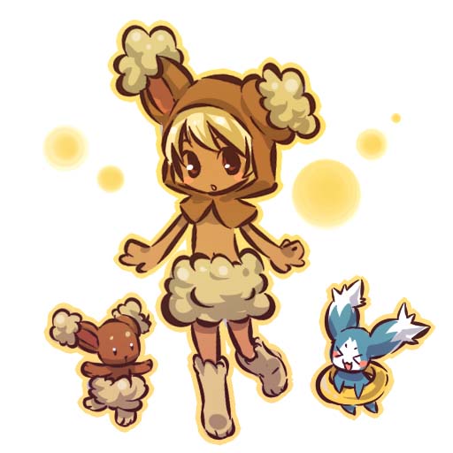 >_< ambiguous_gender big_eyes blonde_hair blue_body blue_fur boots brown_body brown_fur brown_skin clothed clothing cosplay costume dipstick_ears ear_markings eyes_closed feral footwear front_view fur group hair hood looking_at_viewer male multicolored_ears on_one_leg open_mouth open_smile pokemon_costume shoes simple_background smile standing toony topless white_background white_body white_fur wool_(fur) hitec bandai_namco nintendo pokemon tales_of_(series) tales_of_the_abyss mieu buneary cheagle generation_4_pokemon human lagomorph mammal pokemon_(species) 1:1 crossover