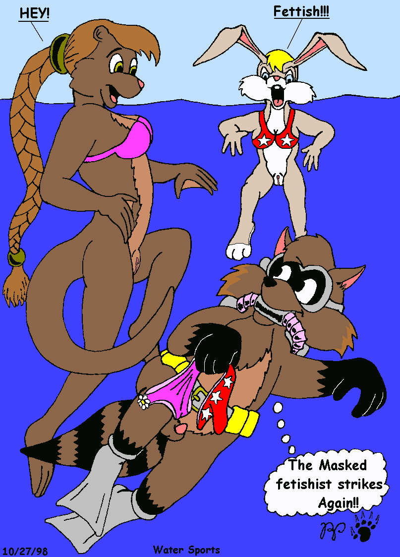 anthro balls bikini bikini_bottom bikini_top blonde_hair bottomless breasts brown_body brown_fur brown_hair clothed clothing female flippers fur genitals gloves_(marking) group hair leg_markings male markings open_mouth penis penis_tip pussy ring_(marking) ringed_tail snorkeling socks_(marking) striped_markings striped_tail stripes swimming swimwear tail tail_markings text thought_bubble toony trio two-piece_swimsuit underwater water waterline_view kthanid_(artist) rutwell_forest fettish_raccoon olivia_otter lagomorph leporid mammal mustelid otter procyonid rabbit raccoon 1998 english_text